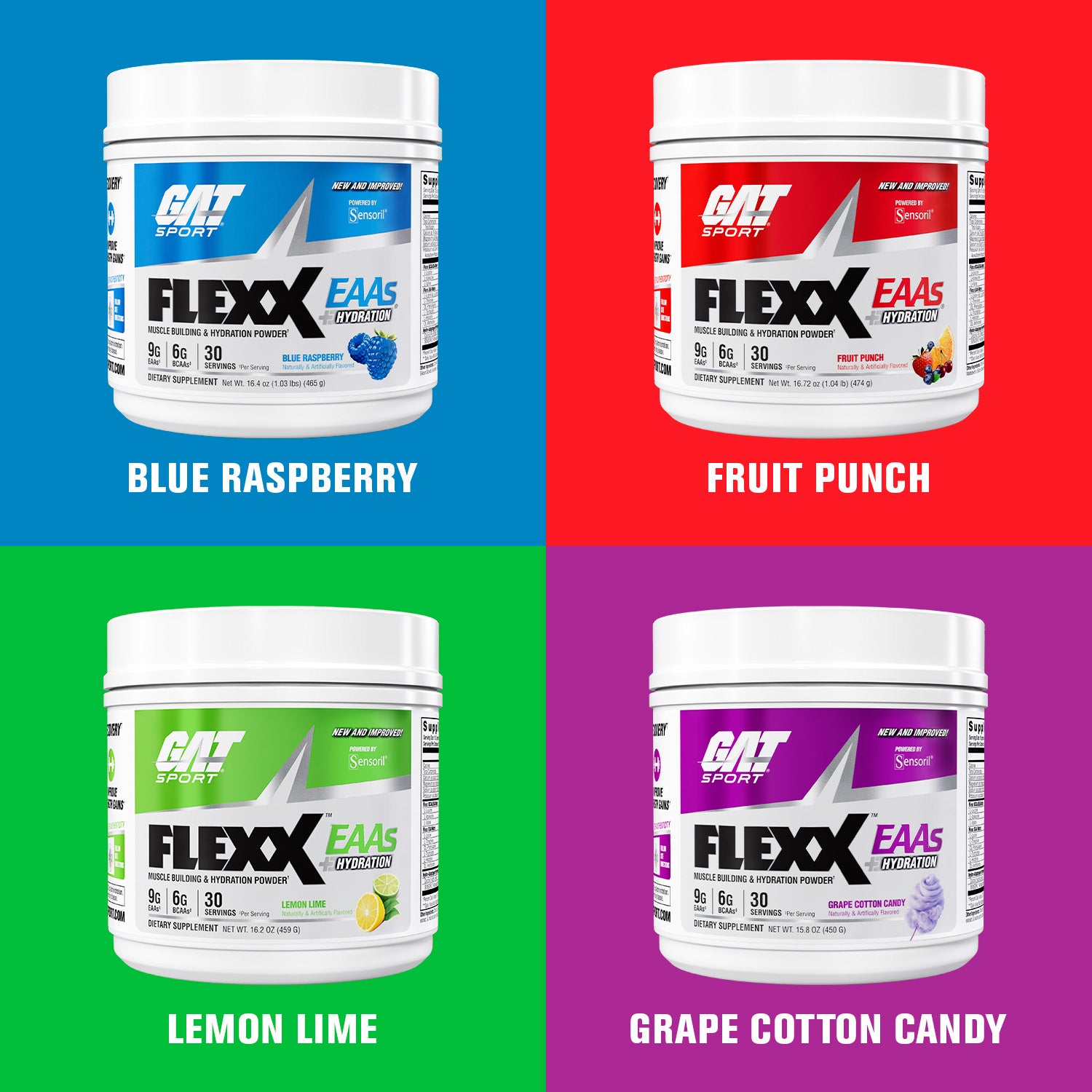 Four tubs of GAT Sports FLEXX EAAS sports nutrition powder arranged in a 2x2 grid on a colorful background. The products are labeled Blue Raspberry, Fruit Punch, Lemon Lime, and Grape Cotton Candy, with each tub set against a different solid color block.