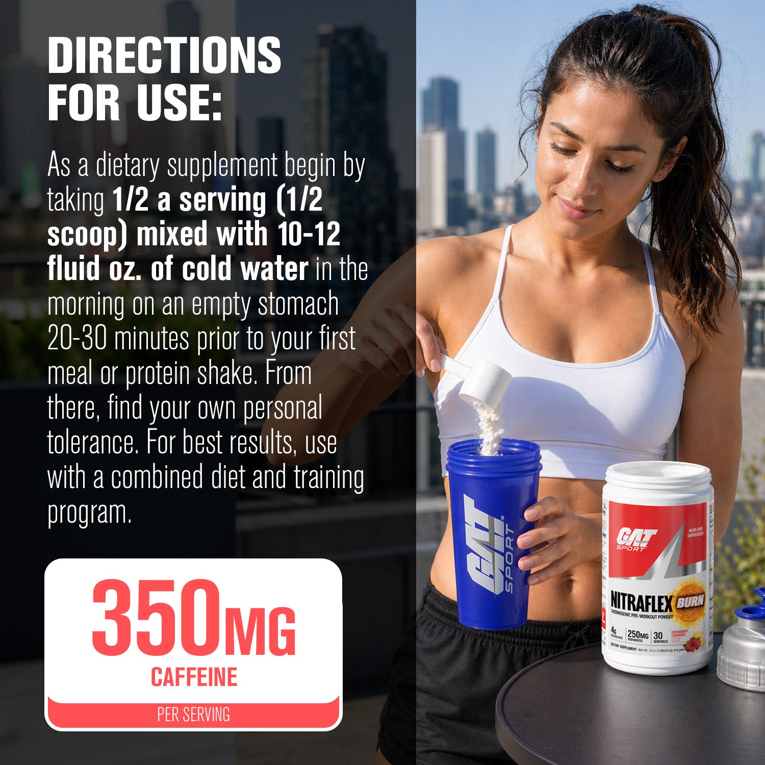 Woman preparing a supplement drink with GAT products, including text on usage and caffeine content.