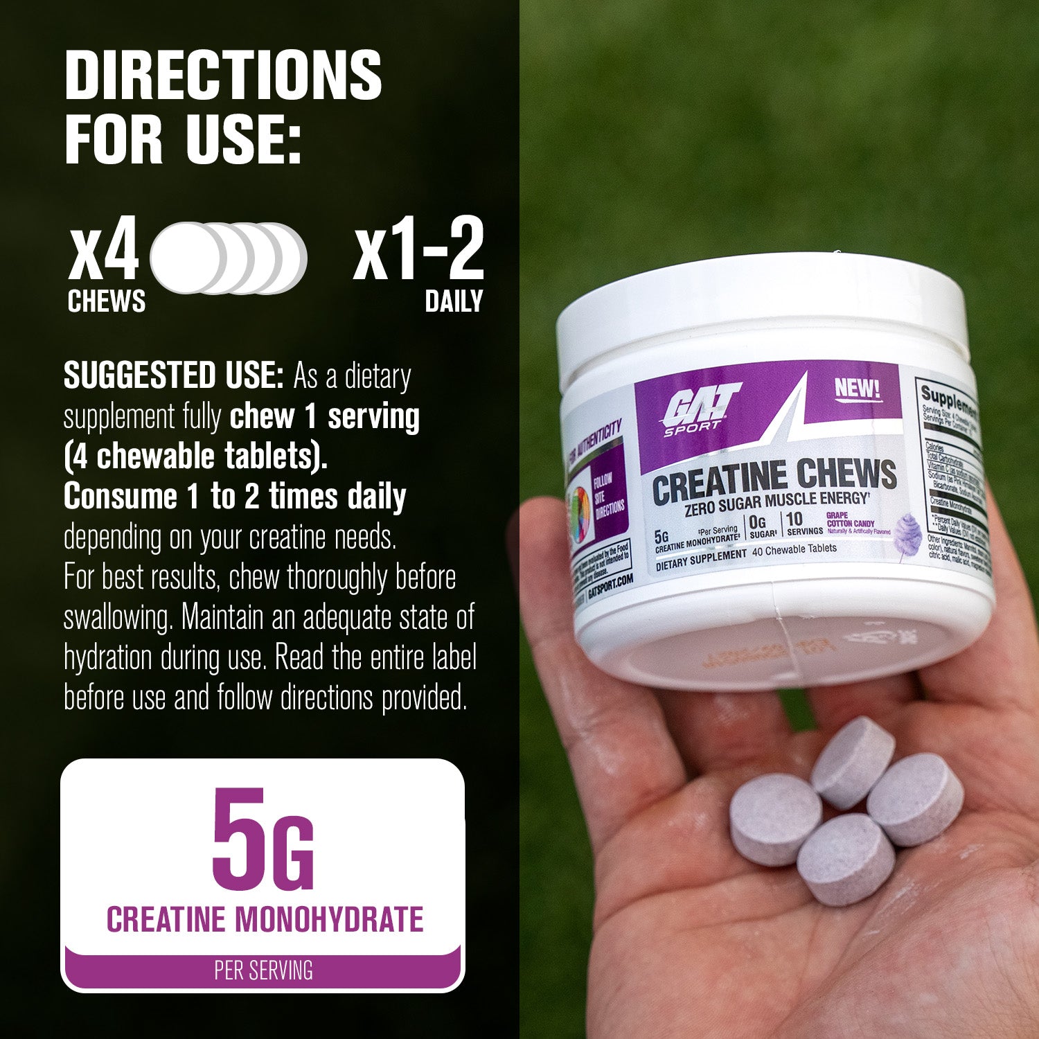 GAT Creatine Chews container with usage instructions and tablets held in a hand.