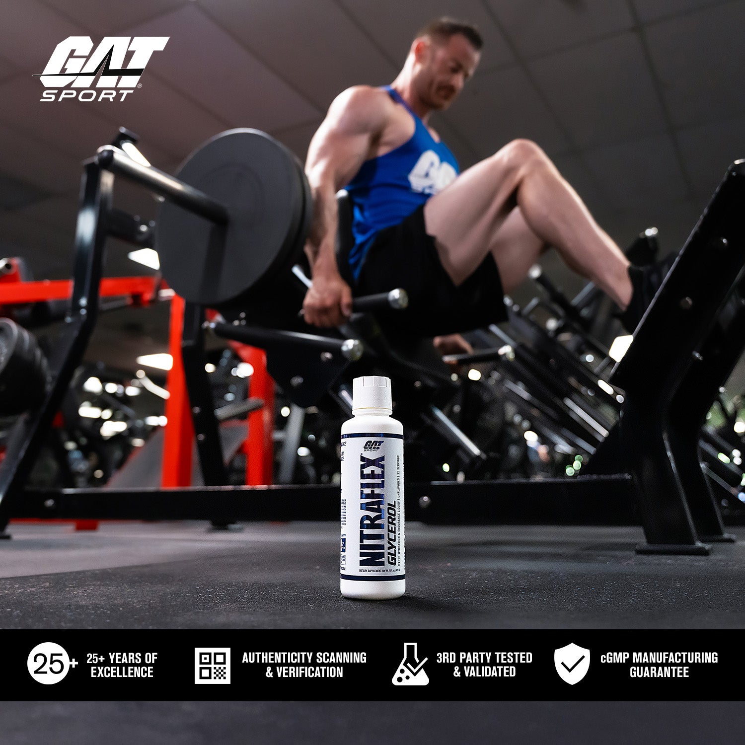 Man exercising in a gym with GAT Sport Nitroflex supplement bottle in foreground