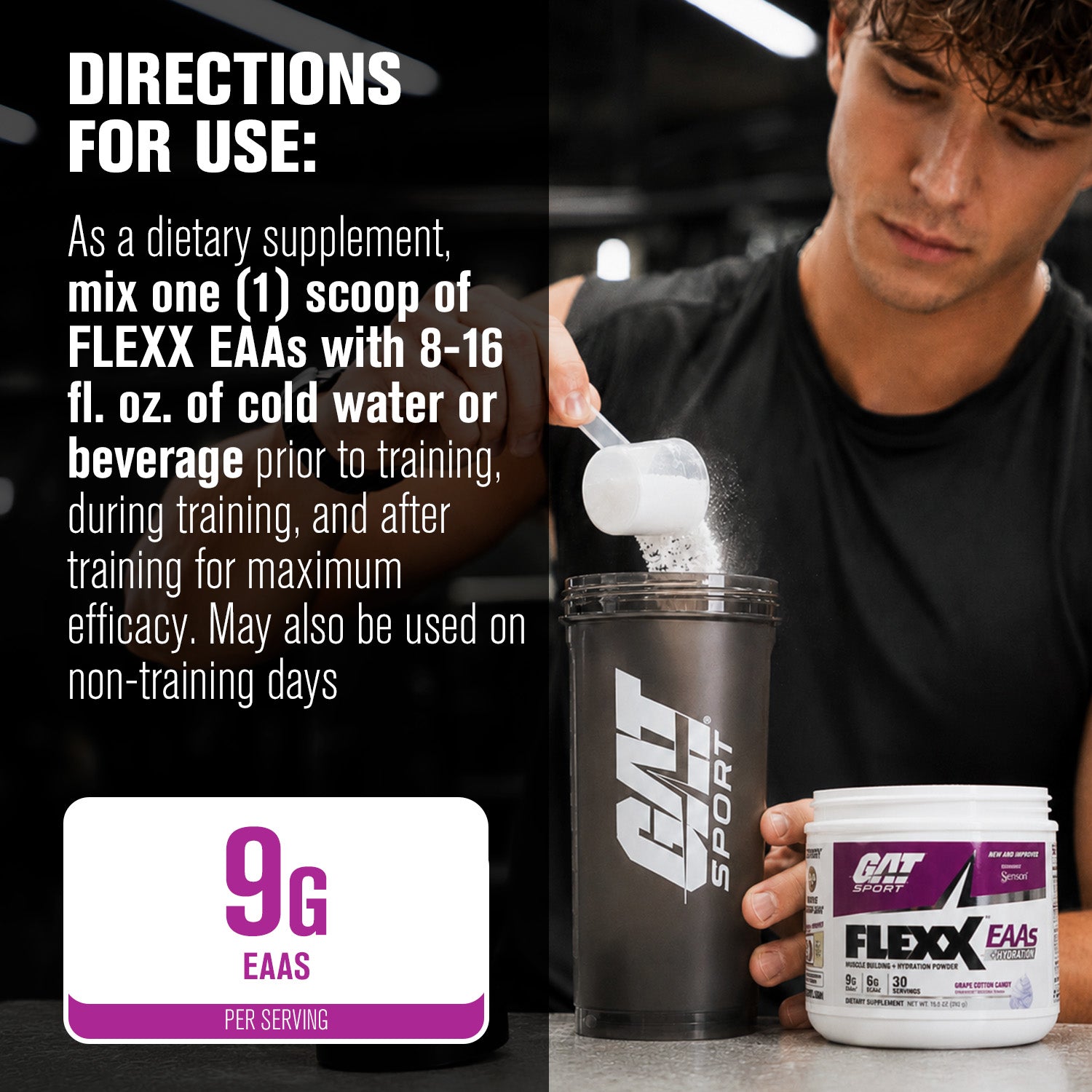 A man in a black t-shirt holds a shaker bottle while adding powder from a scoop, with a jar of FLEXX EAAs dietary supplement in front of him. Text on the left explains how to use the supplement, and a badge indicates 9g EAAS per serving.