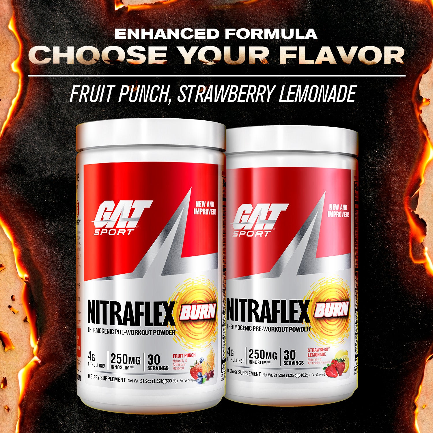 Two containers of GAT Sport Nitraflex Burn pre-workout powder on a fiery background with text 'Choose Your Flavor'.