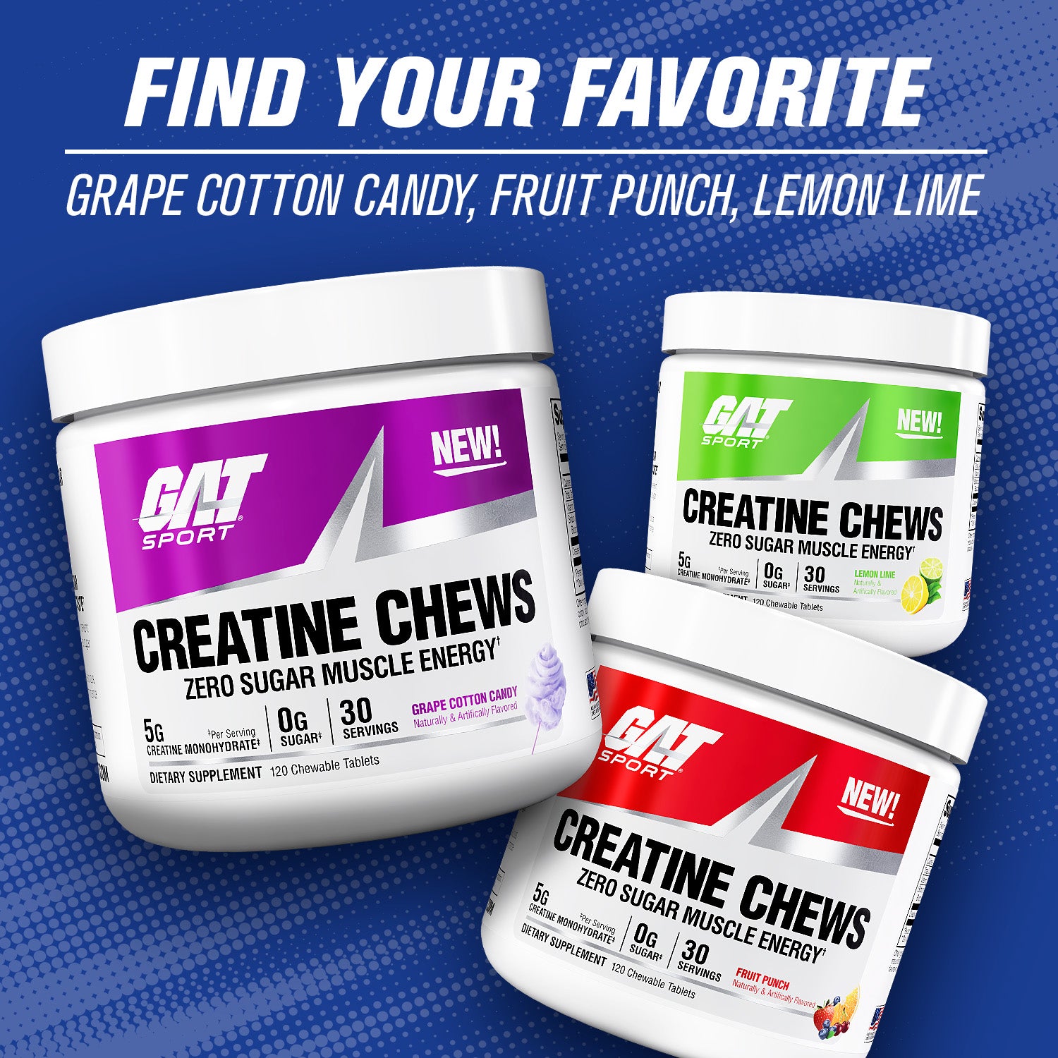 Three containers of GAT Sport Creatine Chews on a blue background with text indicating flavor options.