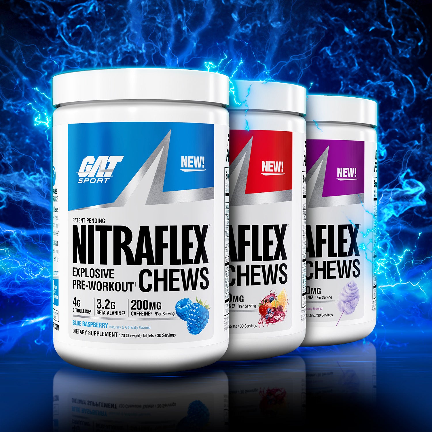Three containers of GNT Sport Nitraflex Explosive Pre-Workout Chews on a blue energy-themed background.