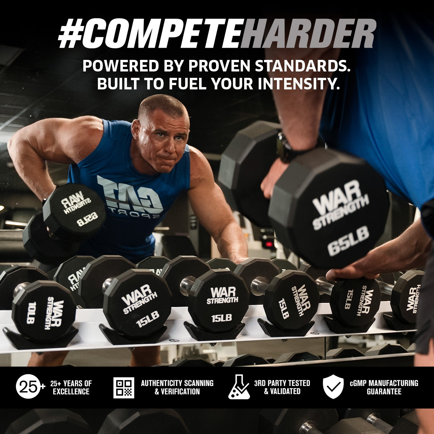 Person lifting weights with WAR STRENGTH dumbbells in a gym setting, featuring '#COMPETEHARDER' text.