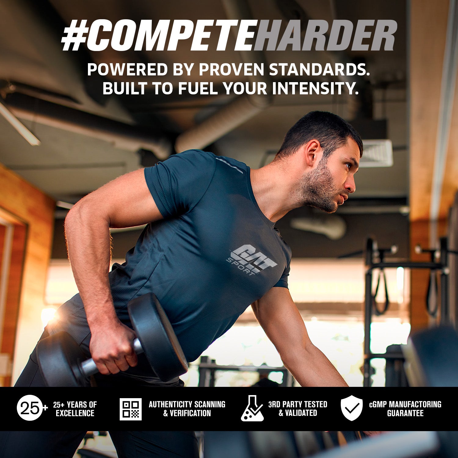 Man lifting weights with '#CompeteHarder' text and branding in a gym setting