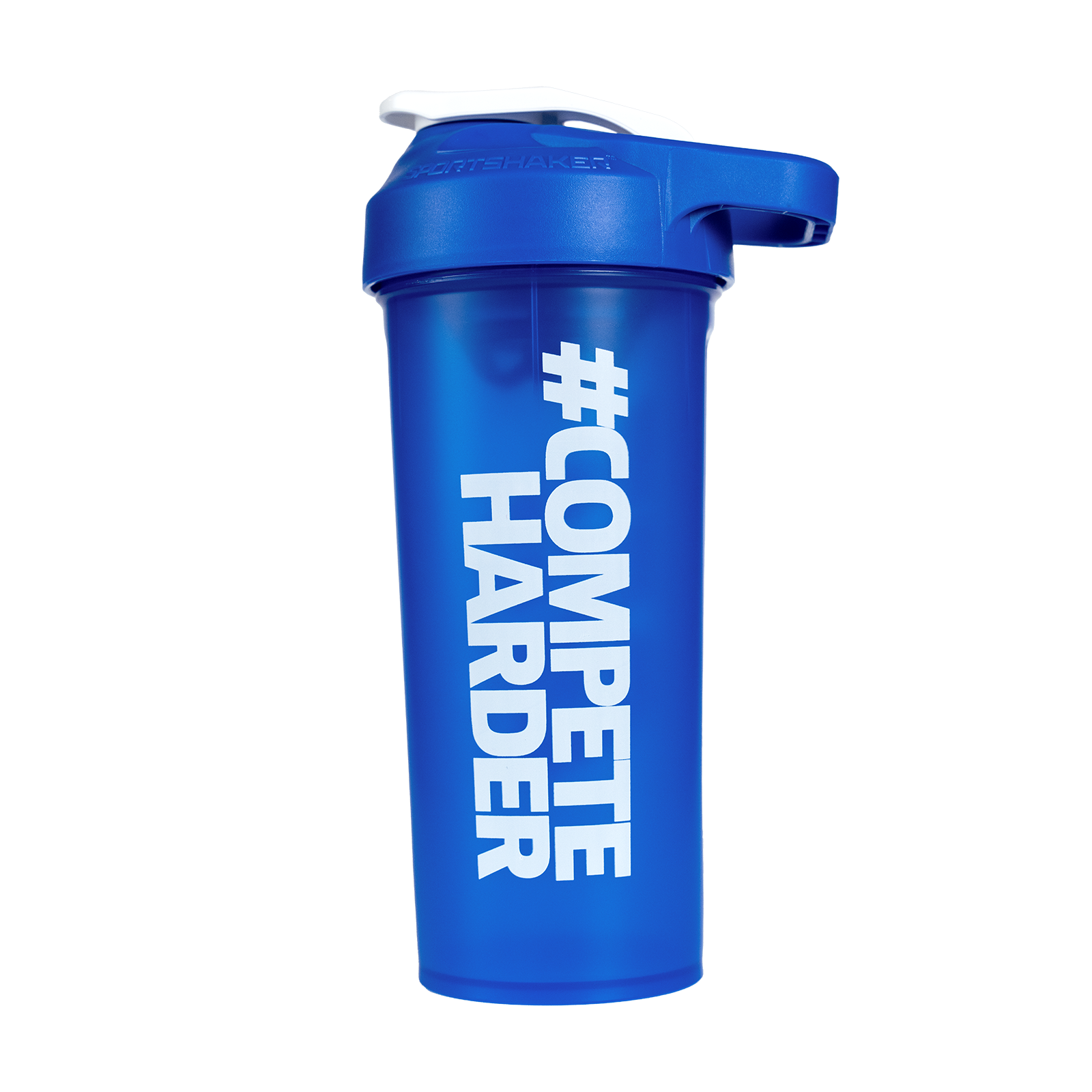 Blue shaker bottle with '#Compete Harder' text on a white background