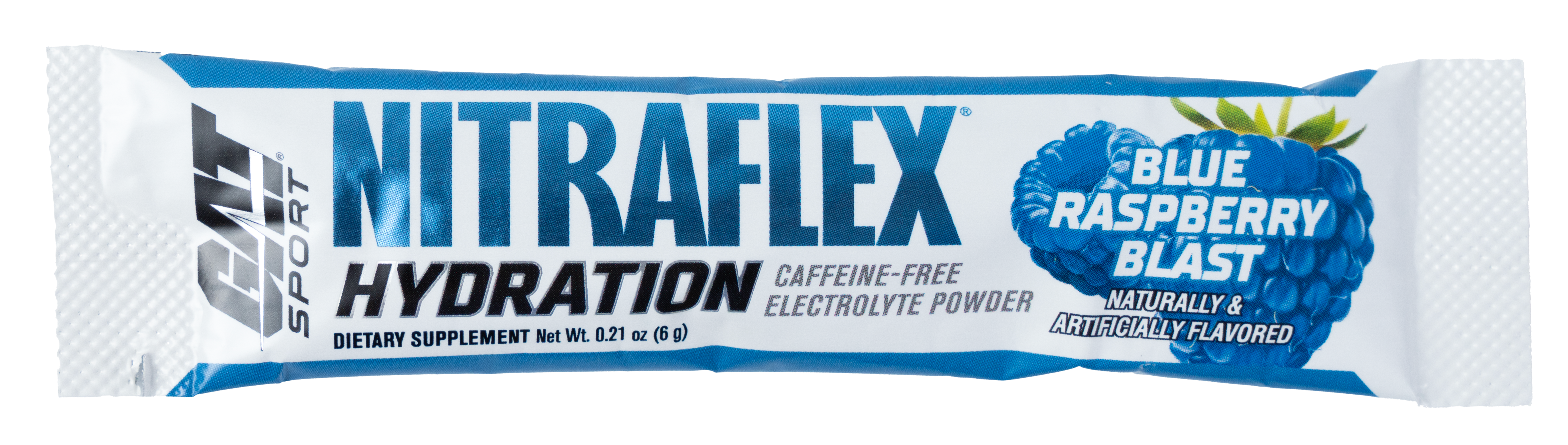 Nitraflex Hydration powder packet with blue raspberry blast flavor on a white background