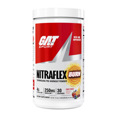 A white plastic tub of GAT Sport NITRAFLEX BURN pre-workout powder, featuring a red and white label with a yellow circular graphic, on a solid white background.