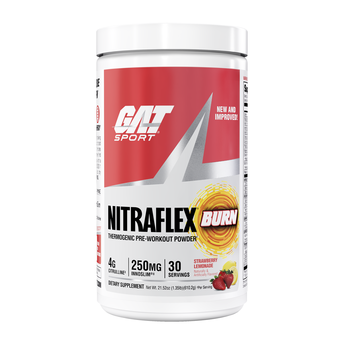 A white plastic tub of GAT SPORT NITRAFLEX BURN pre-workout powder with a red and silver label, strawberry lemonade flavor, on a solid white background.