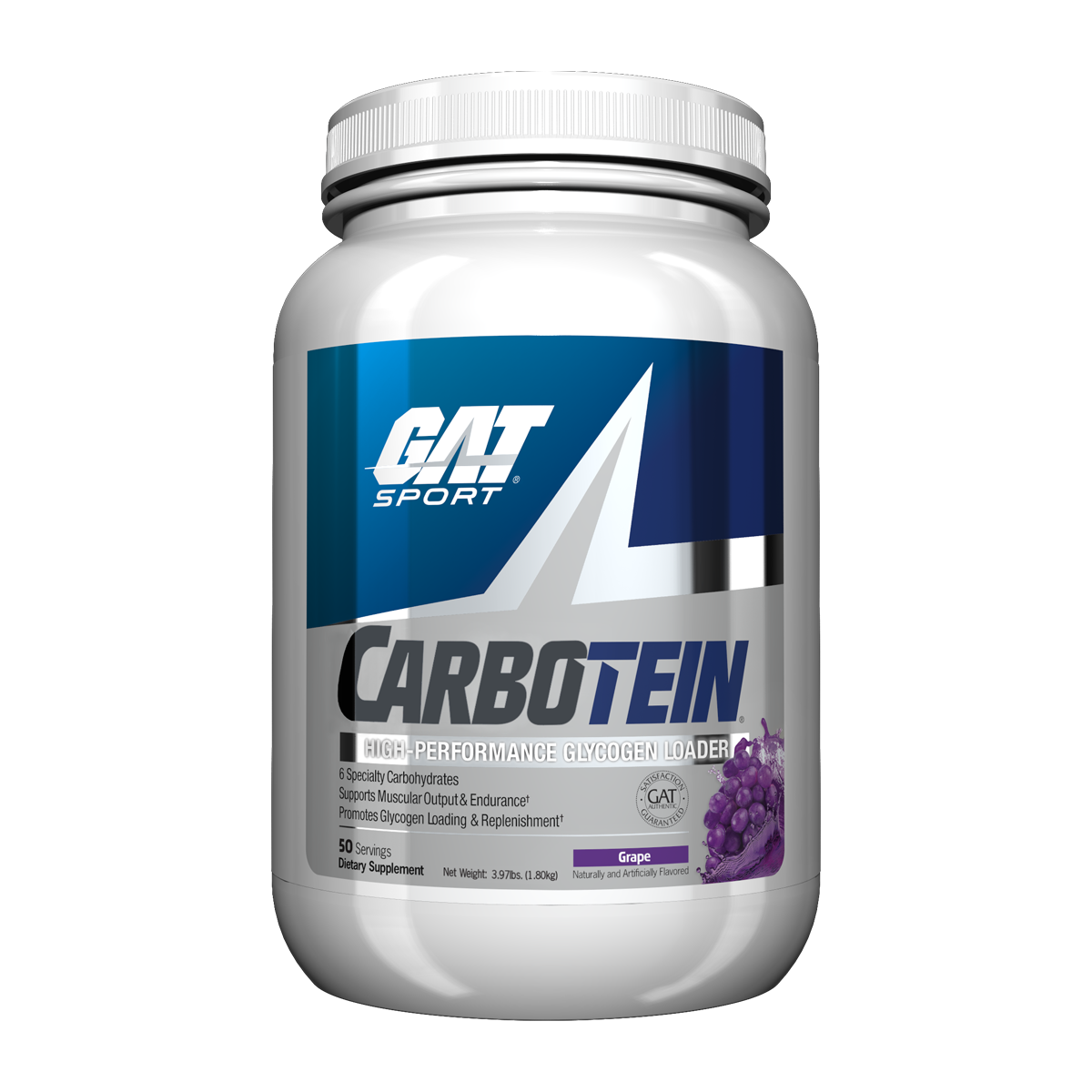 A white plastic tub of GAT Sport Carbotein dietary supplement, grape flavor, on a solid white background.