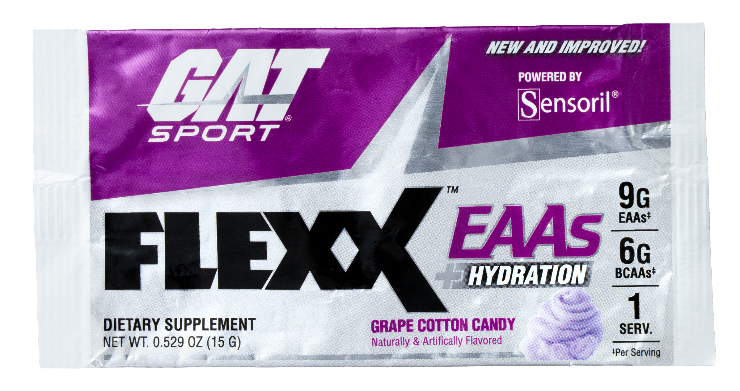 GAT Sport Flexx EAAS Hydration supplement package with purple and white design.