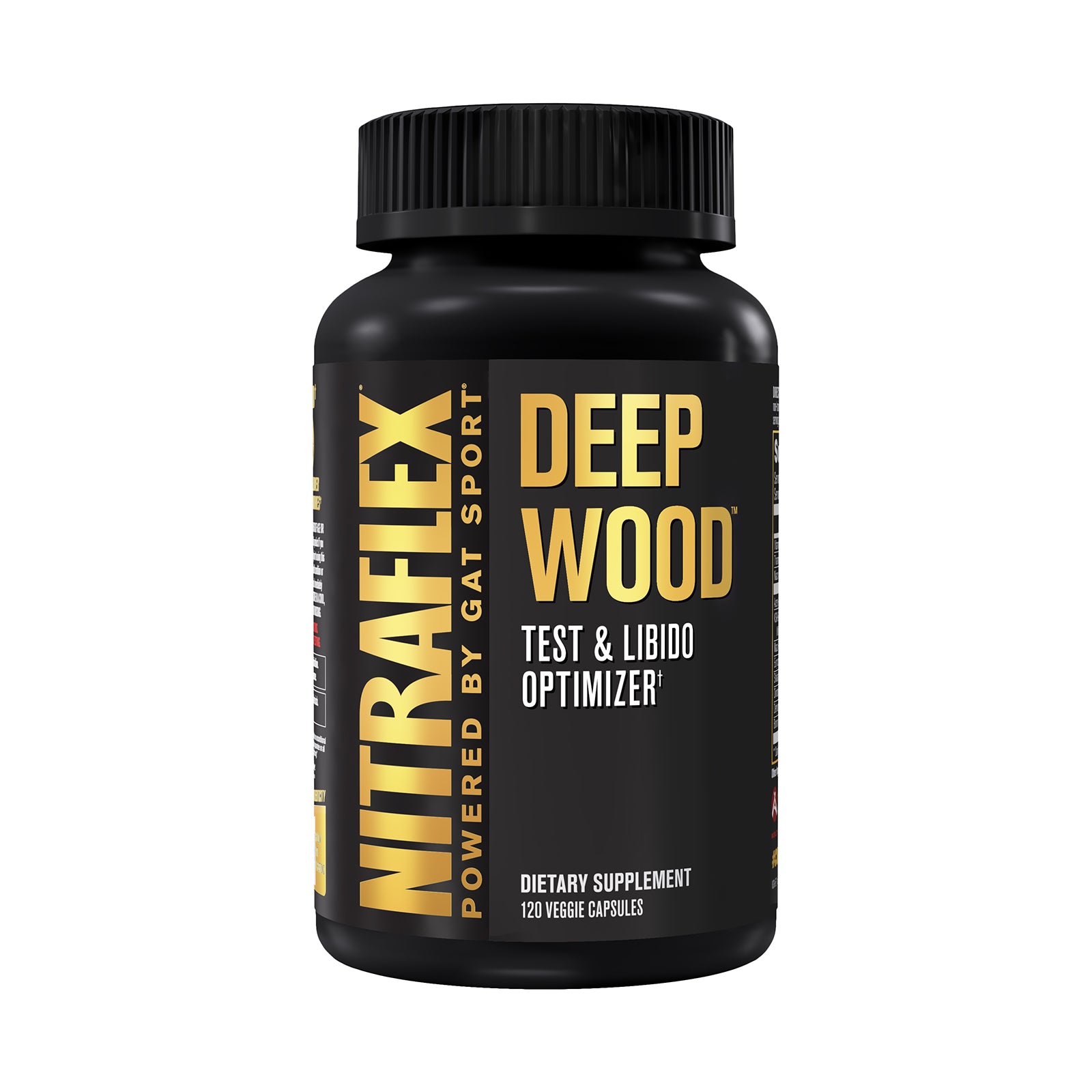 Black supplement bottle labeled 'Nitraflex Deep Wood' on a white background