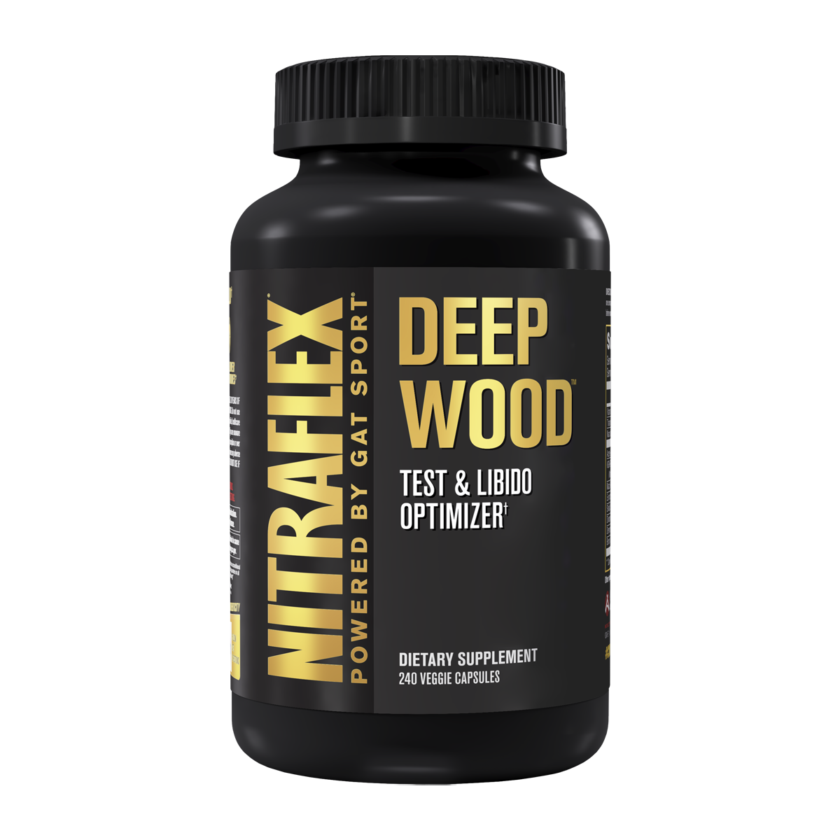 A black bottle of Nitraflex Deep Wood dietary supplement by Gal Sport, featuring a black label with gold and white text, set against a plain white background.