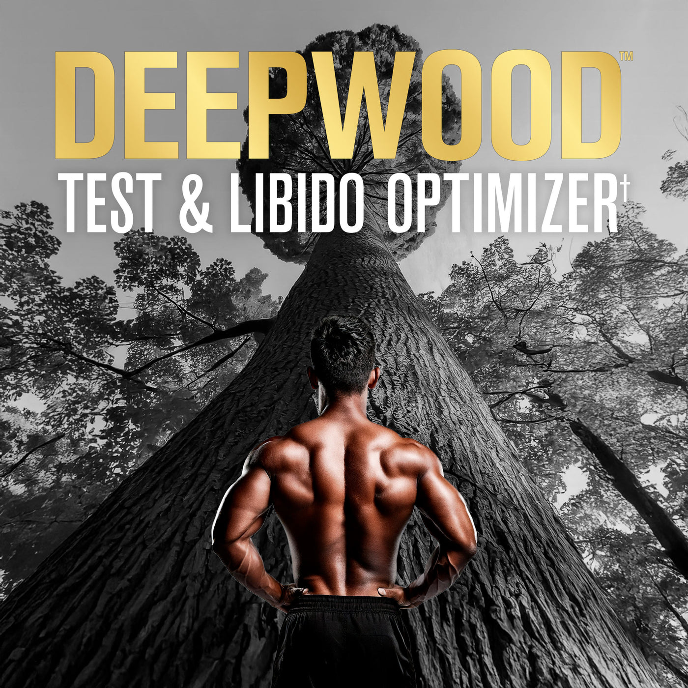 Person standing on a large tree with 'DEEPWOOD' product name displayed.