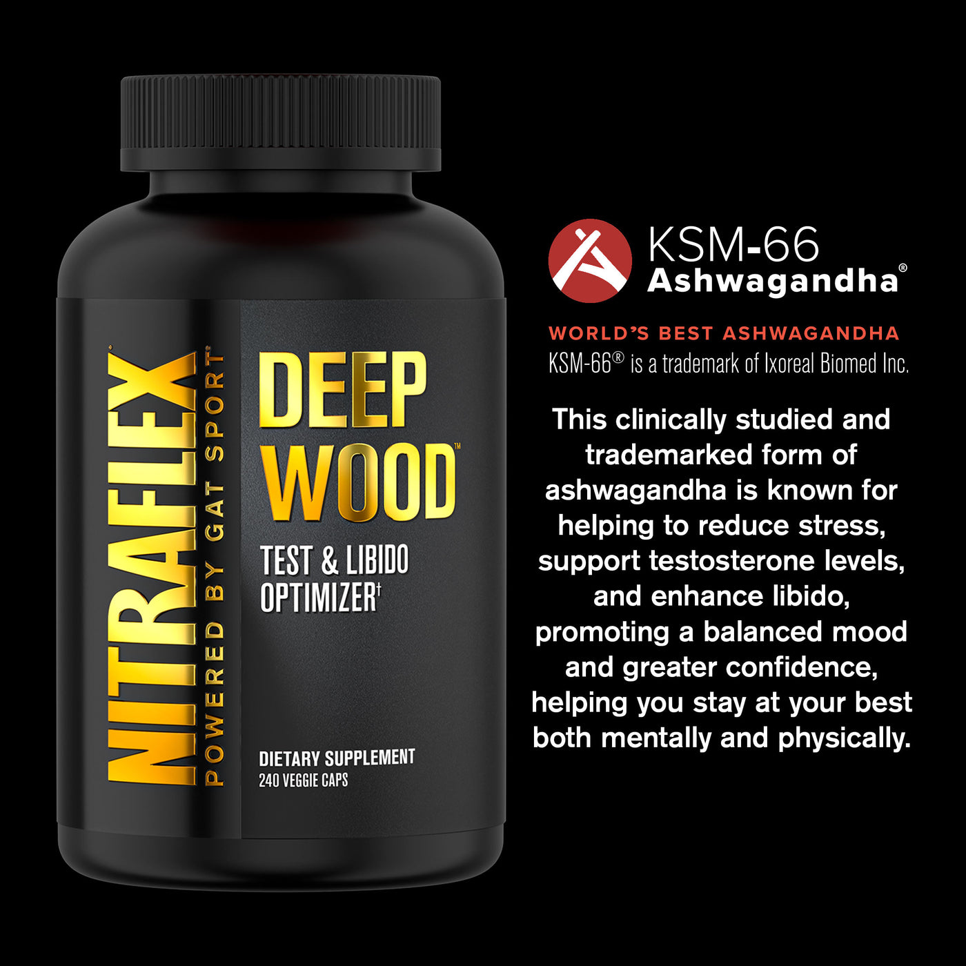Black supplement bottle labeled 'Deep Wood' with KSM-66 Ashwagandha branding on a black background.