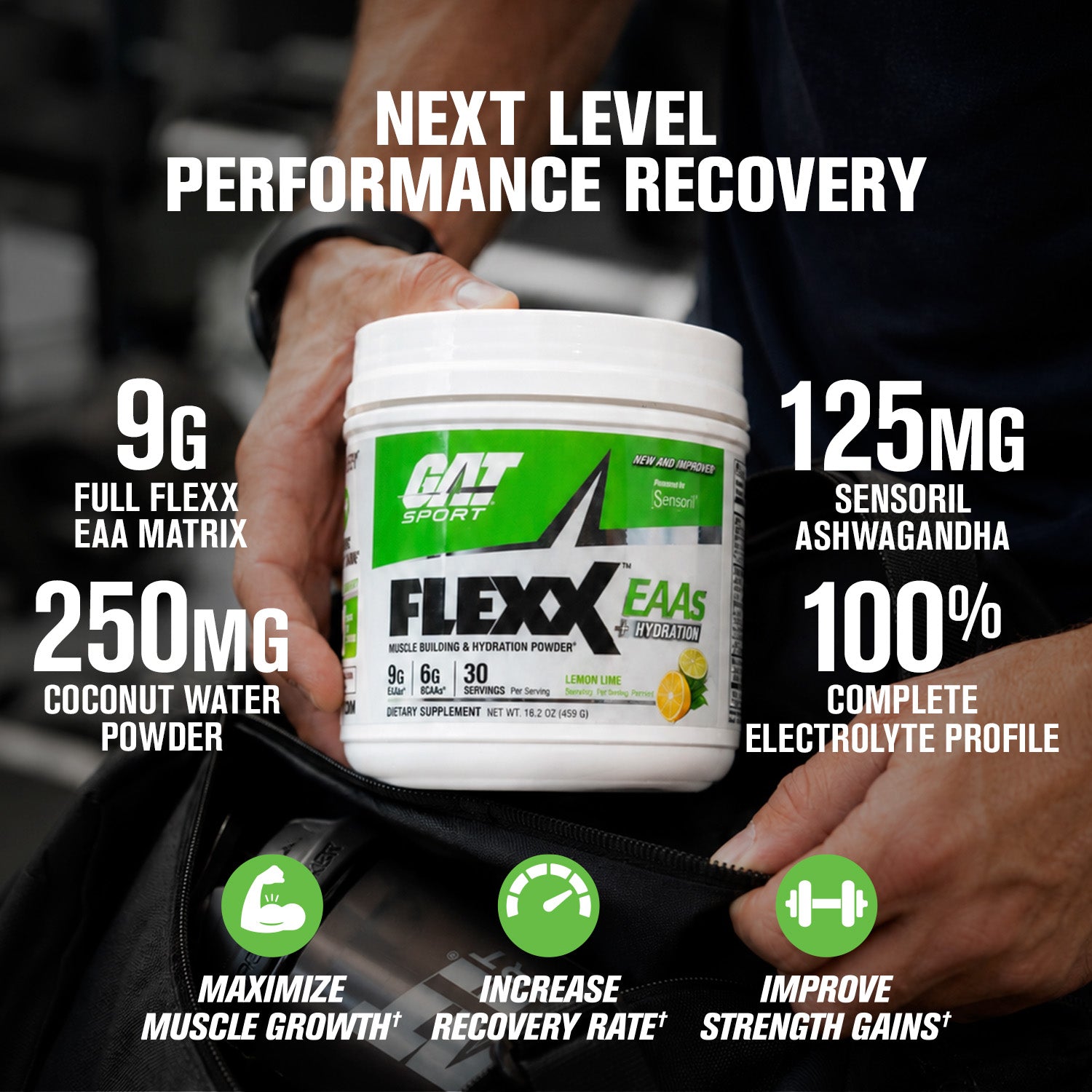 A white tub of GNT Sport Flexx EAAS Electrolyte Powder held in hands over a black bag, with large marketing text and icons around it highlighting ingredients and benefits.