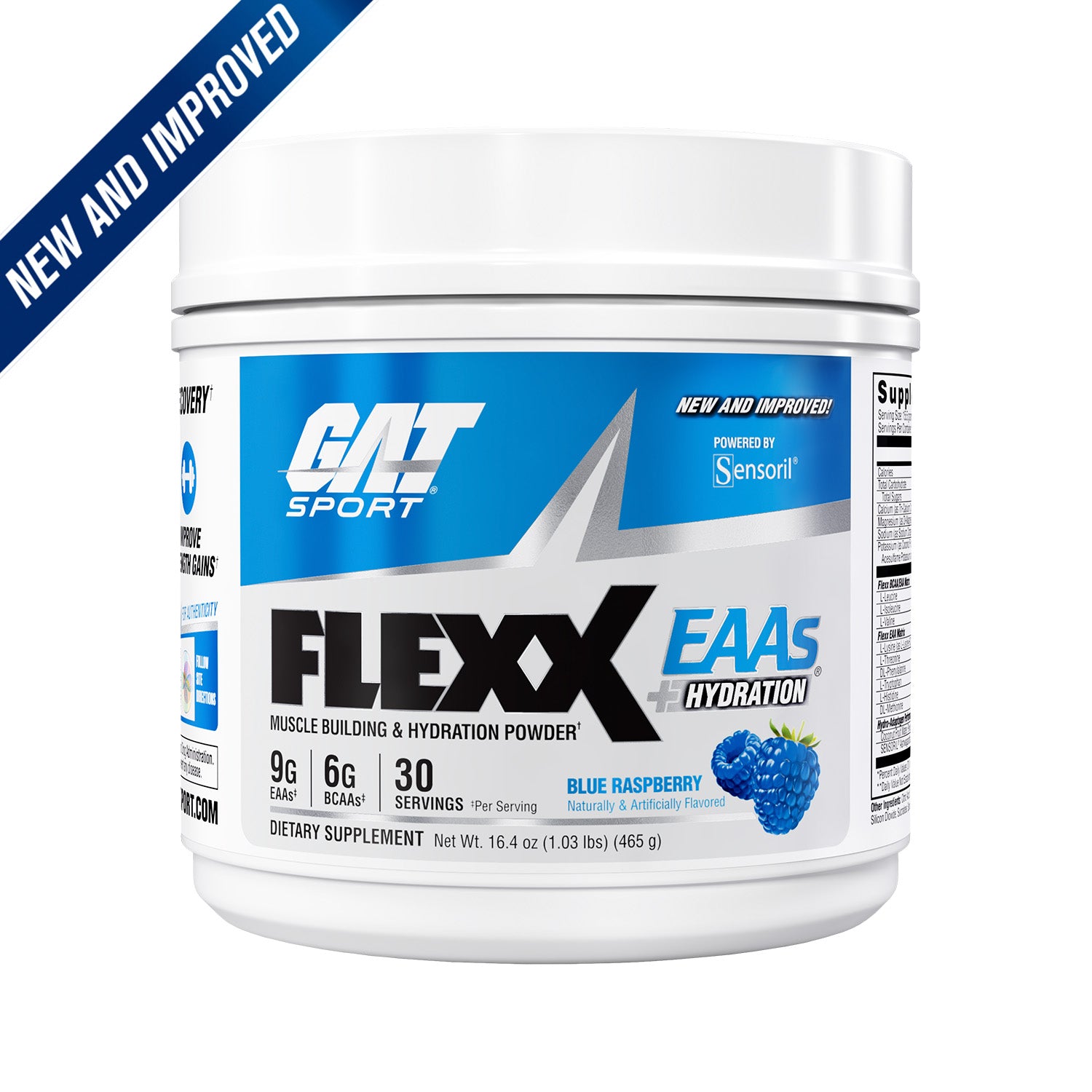 A white plastic tub of GNT Sport Flexx EAAS+ Hydration dietary supplement powder in Blue Raspberry flavor, shown on a white background with a blue diagonal 'NEW AND IMPROVED' banner in the top-left corner.