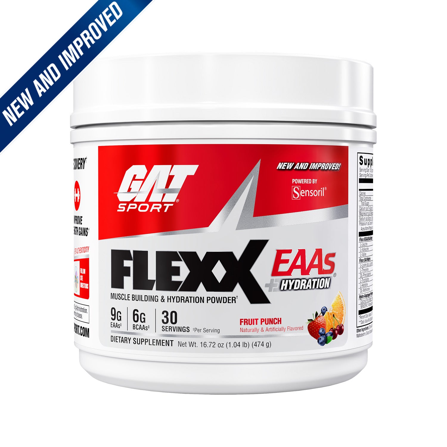 A white tub of GNT Sport Flexx EAAS + Hydration powder dietary supplement, shown on a white background with a blue diagonal 'NEW AND IMPROVED' banner in the top-left corner.
