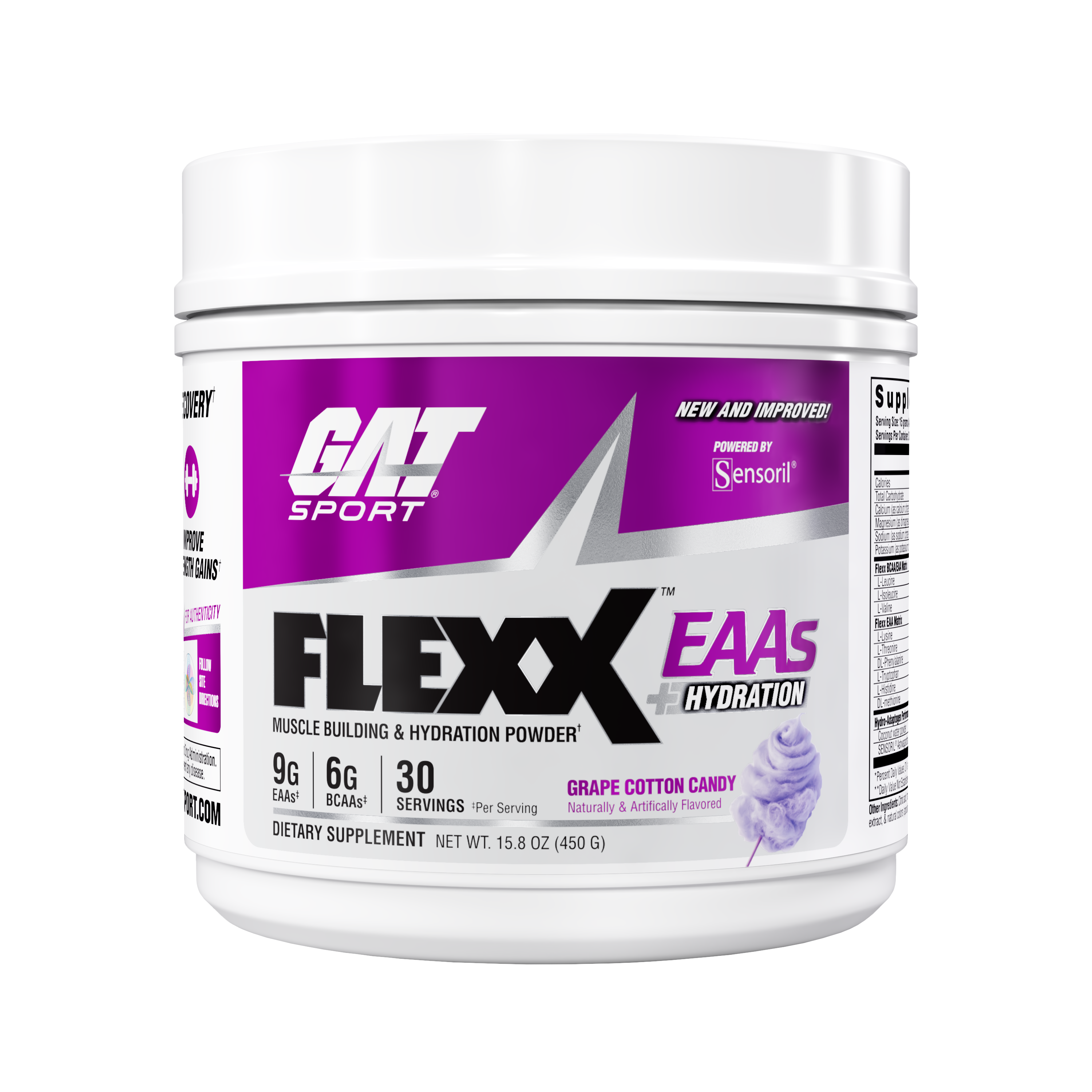 GAT Sport Flexx EAAs Hydration powder container on a white background