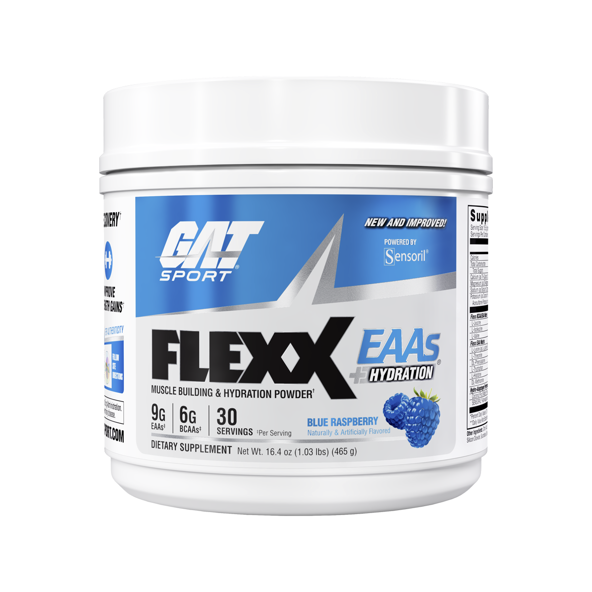 A white plastic tub of GAT Sport Flexx EAAS + Hydration dietary supplement in Blue Raspberry flavor, featuring a blue and white label with black text and a raspberry graphic.