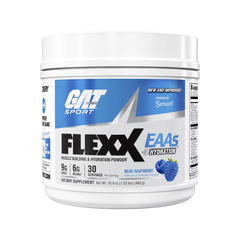 A white plastic tub of GAT Sport Flexx EAAS + Hydration dietary supplement in Blue Raspberry flavor, featuring a blue and white label with black text and a raspberry graphic.