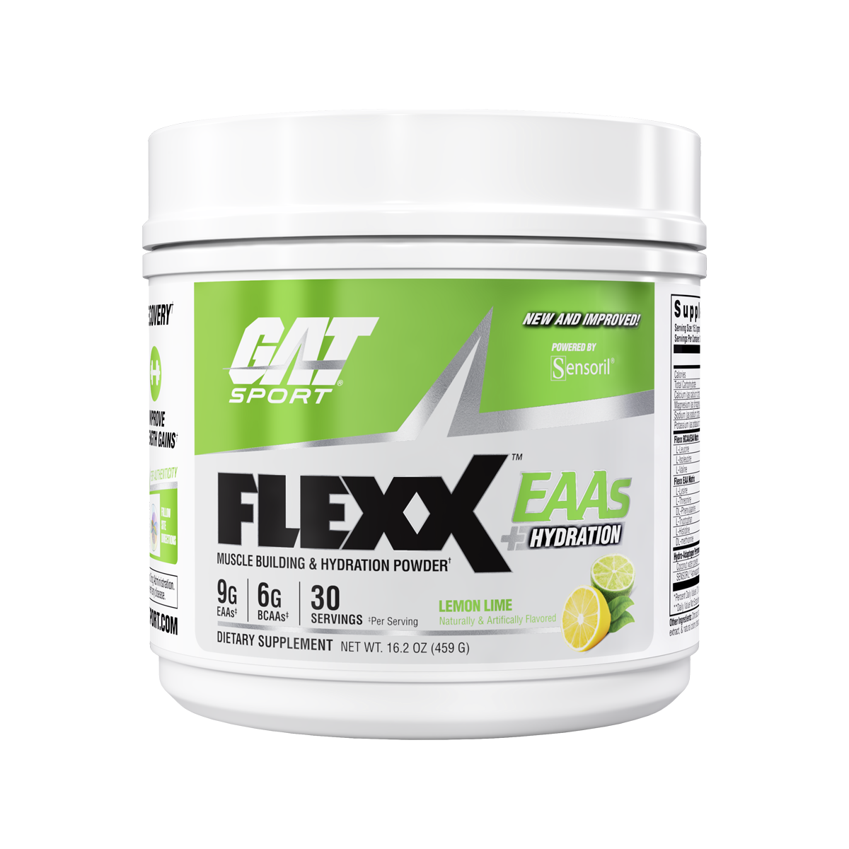 A white plastic tub of GAT Sport Flexx EAAS + Hydration dietary supplement powder, lemon lime flavor, on a solid white background.