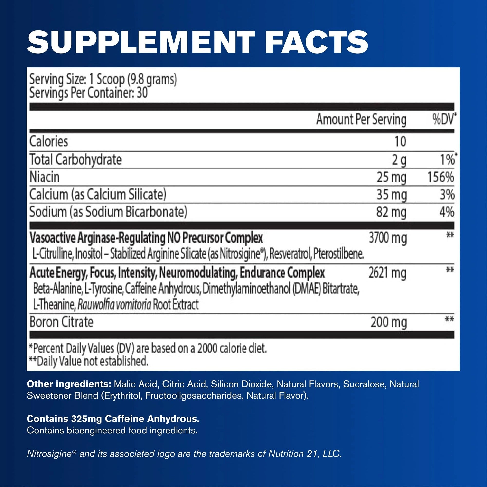 A nutrition facts label-style graphic for a supplement powder, with a white rectangular panel containing serving size, calories, total carbohydrate, niacin, calcium, sodium, and listed ingredients on a blue background. The top text reads 'Vasoactive Arginine-Regulating NO Precursor Complex' and 'Acute Energy, Focus, Intensity, Neuromodulating, Endurance Complex.