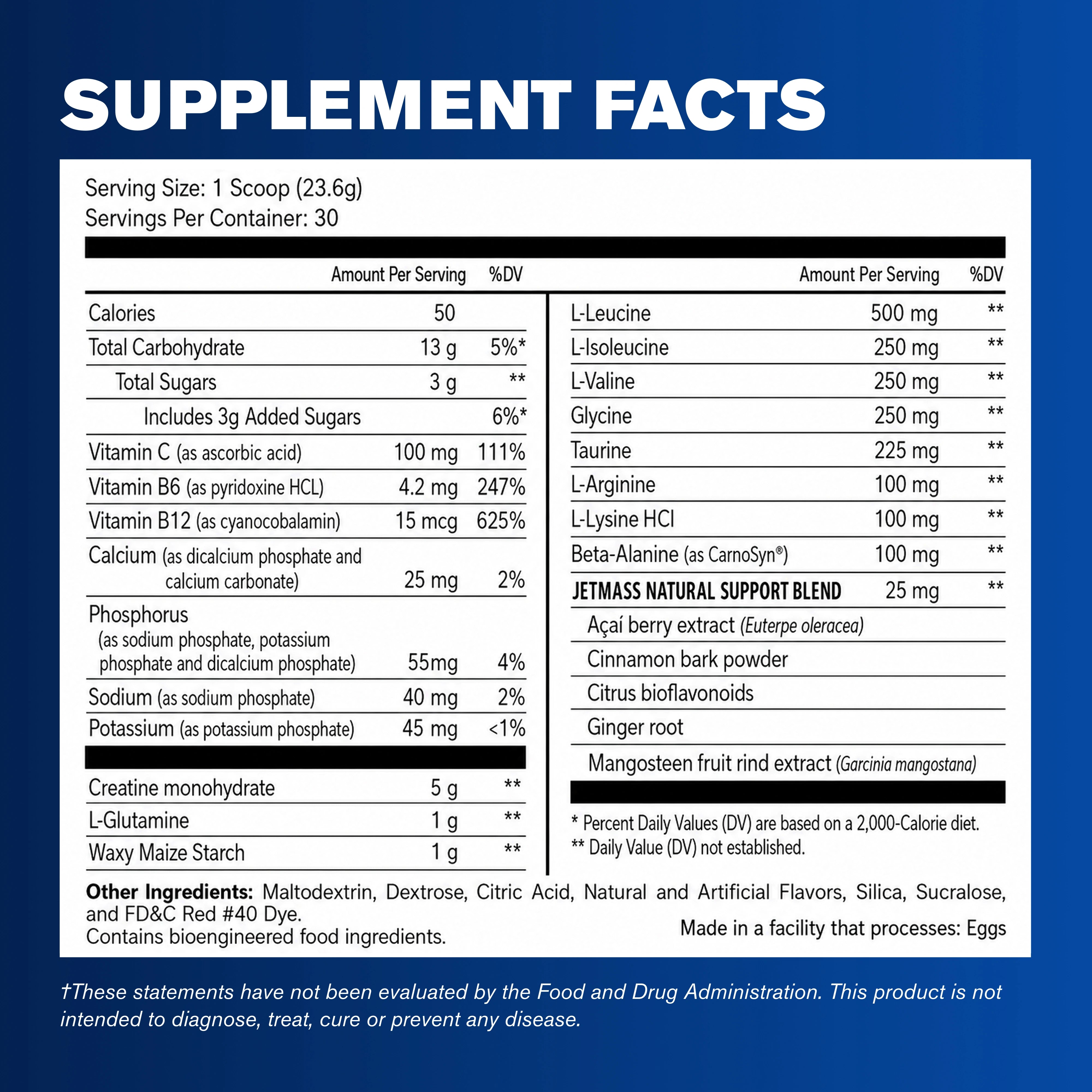 A supplement facts label with a white background and black text, showing serving size, calories, nutrients per serving, and ingredient details for a dietary supplement blend.