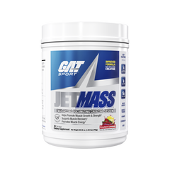 A white plastic tub of GAT Sport JetMass dietary supplement, featuring a white lid and a label with blue, white, and gray graphics, set against a plain white background.