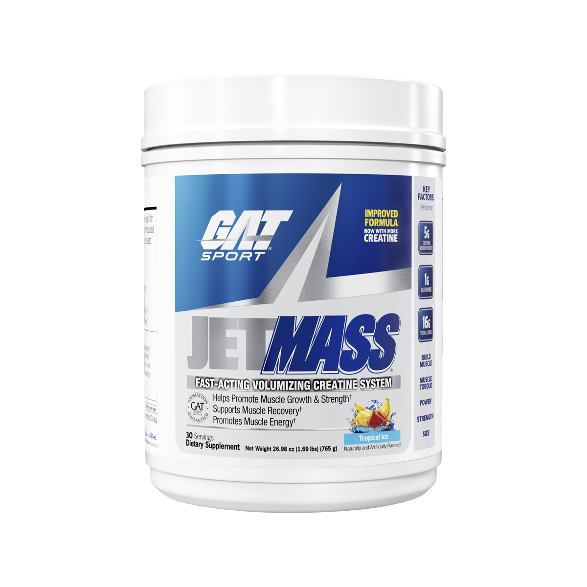A white plastic tub of GAT Sport Jet Mass dietary supplement powder, featuring a blue and white label with product details and a small multicolor flavor graphic.