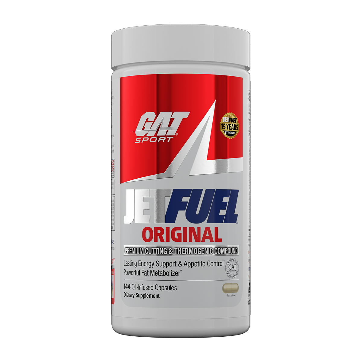 A white plastic bottle of GAT Sport Jet Fuel Original dietary supplement, featuring a red and silver label with blue and white text, isolated on a white background.