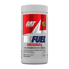 A white plastic bottle of GAT Sport Jet Fuel Original dietary supplement, featuring a red and silver label with blue and white text, isolated on a white background.