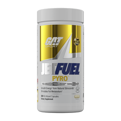A white plastic bottle of GAT Sport Jet Fuel Pyro dietary supplement with a metallic gold and silver label, isolated on a white background.