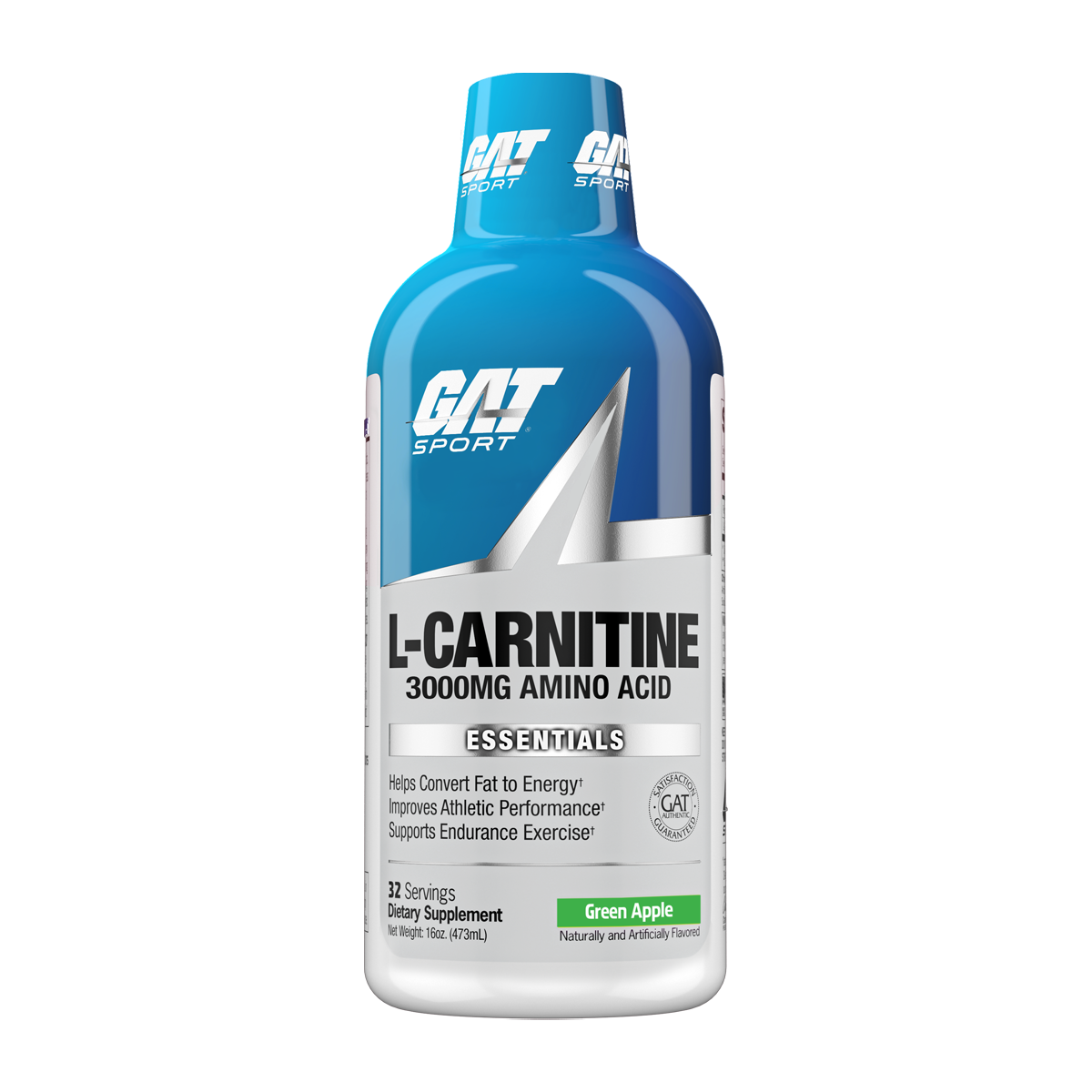 A bottle of GAT Sport L-Carnitine 3000mg Amino Acid dietary supplement in Green Apple flavor, featuring a blue and silver label on a white background.