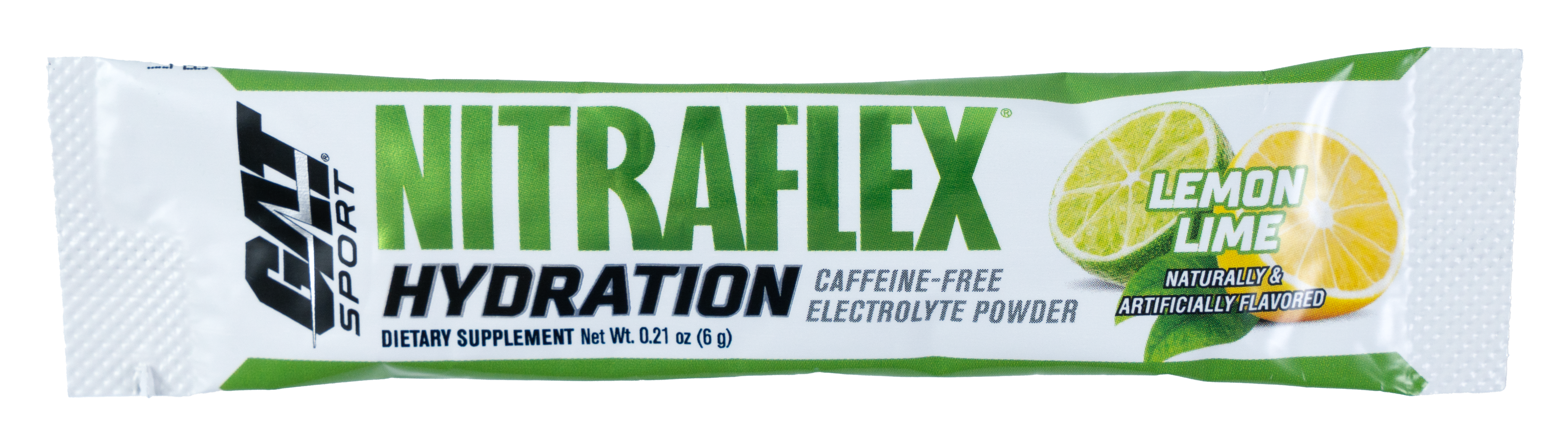 Nitraflex Hydration powder packet with lemon lime flavor on a white background