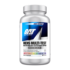 A white plastic bottle of GAT Sport Mens Multi-Test dietary supplement with a metallic silver cap, featuring a blue, white, and black label.