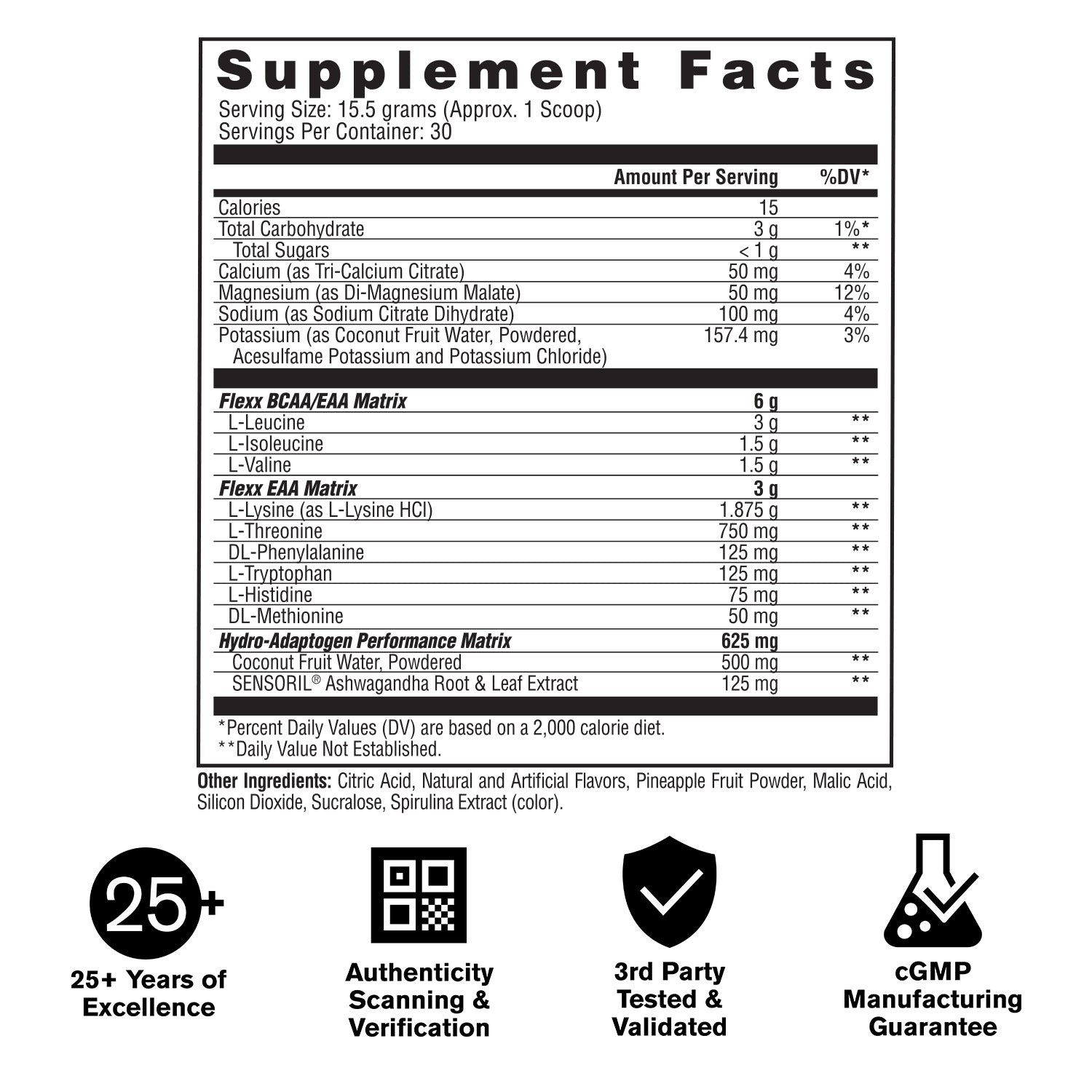 Supplement Facts label for Flexi EAA Matrix and Hydro-Adaptive Performance Matrix powder, showing a nutrition facts panel with ingredient list and certification icons below on a white background.