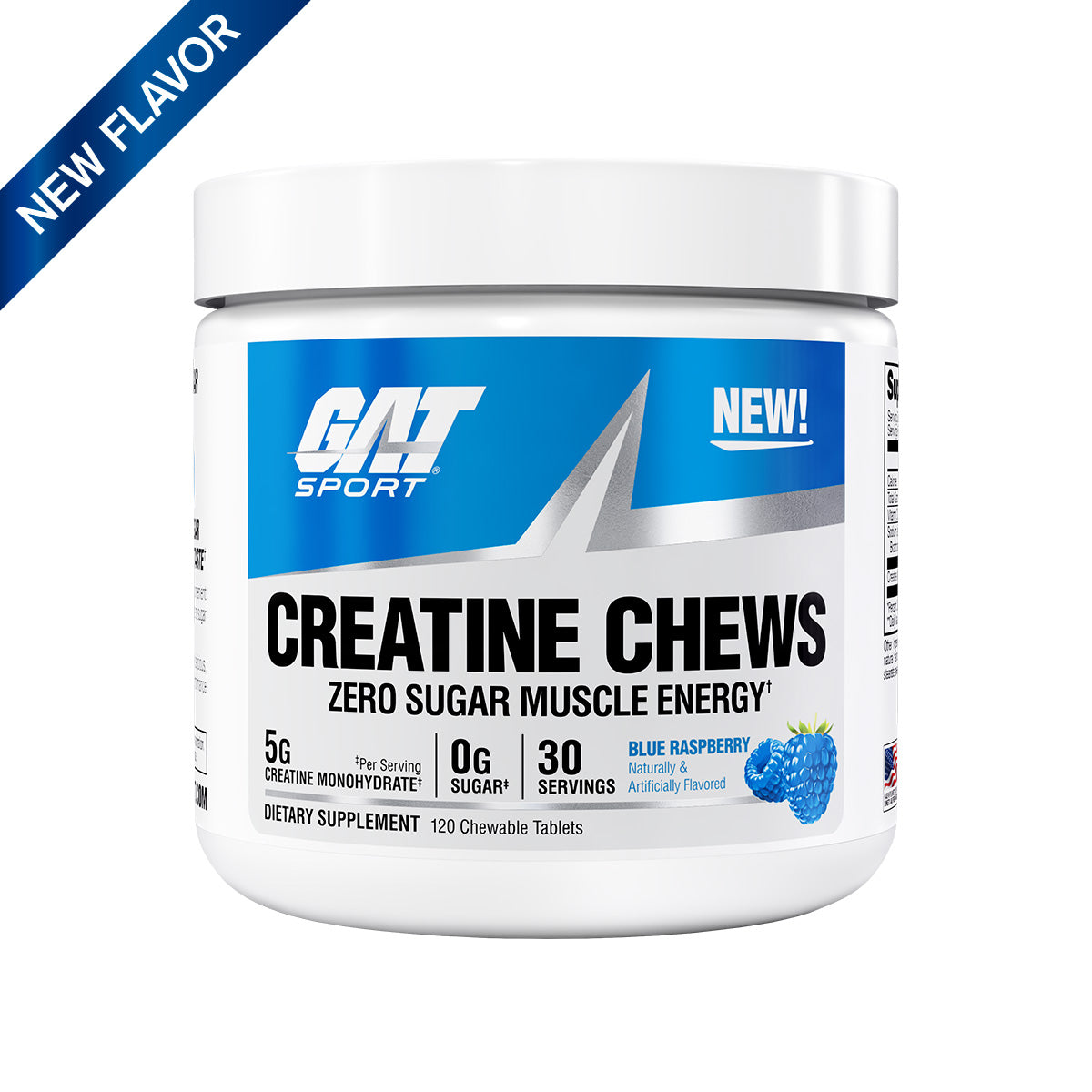 GAT Sport Creatine Chews supplement container with blue and white design on a white background