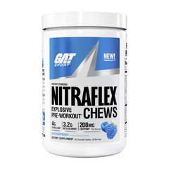 A white plastic tub of GAT Sport Nitraflex Pre-Workout dietary supplement, featuring a red and white label with black text and a small Blue Raspberry flavor graphic.