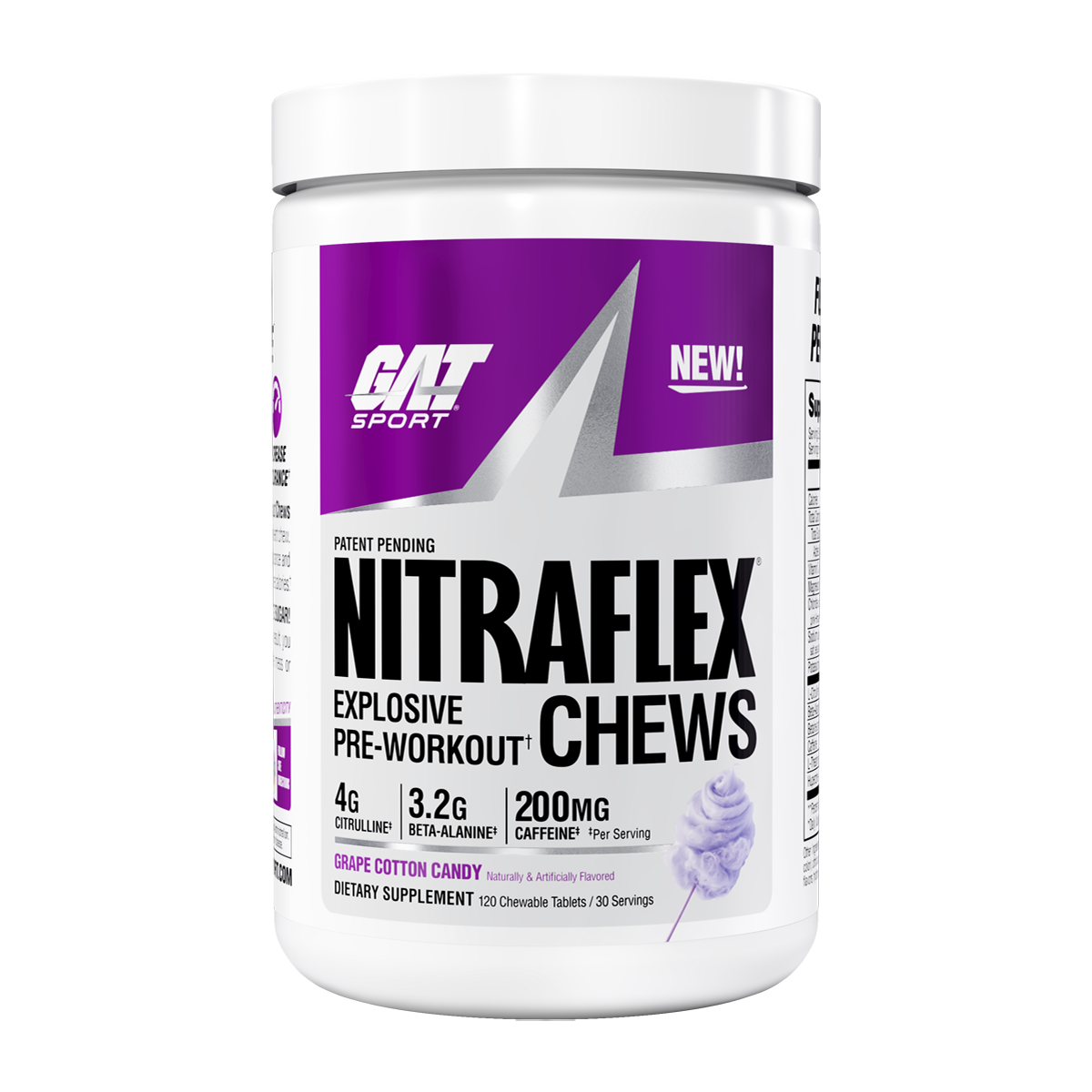 A white tub of GAT Sport Nitraflex Explosive Pre-Workout Chews in Grape Cotton Candy flavor, featuring a purple and white label with black text.
