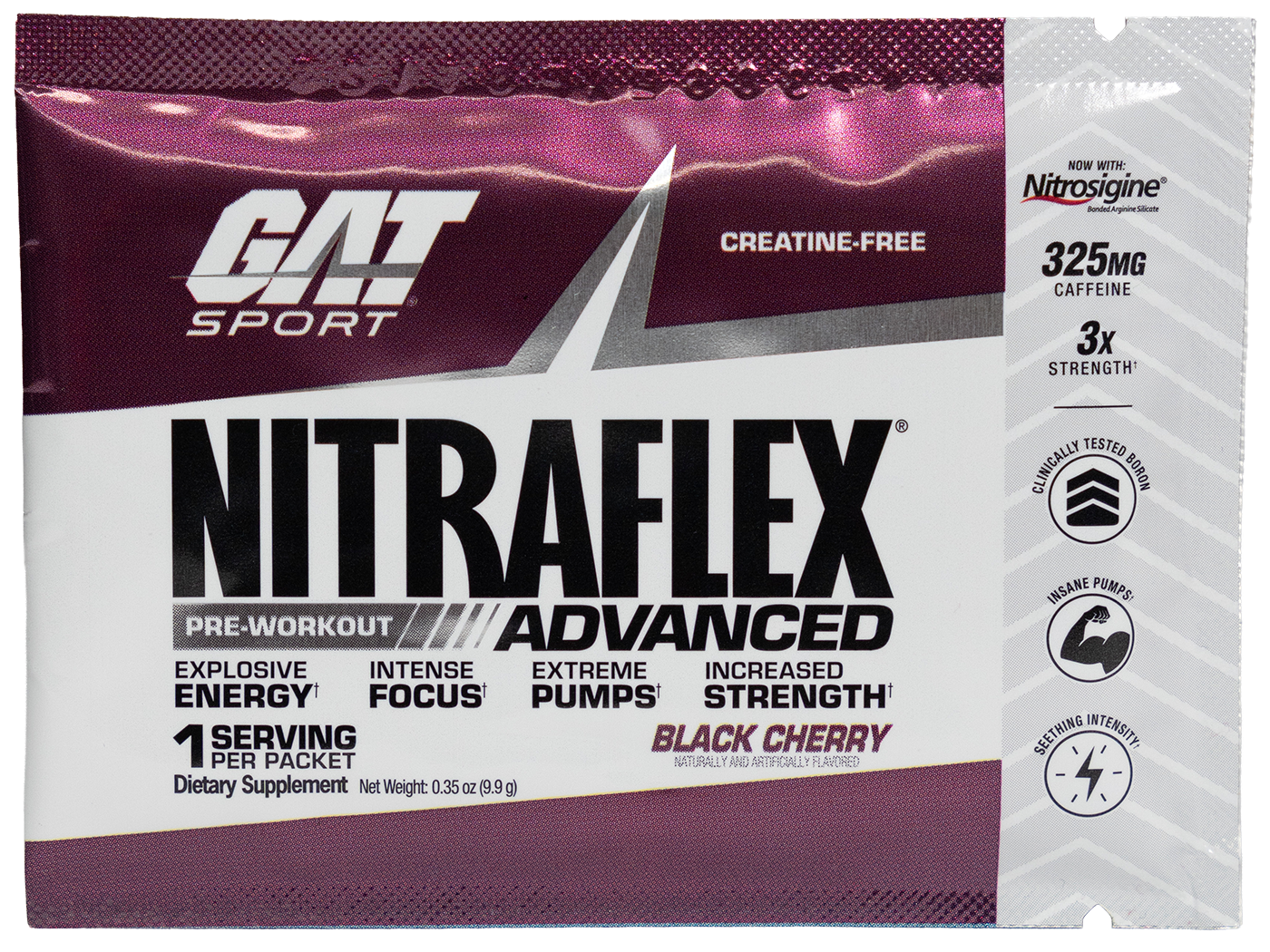 GAT Sport Nitraflex Advanced pre-workout supplement packet with black cherry flavor on a white background