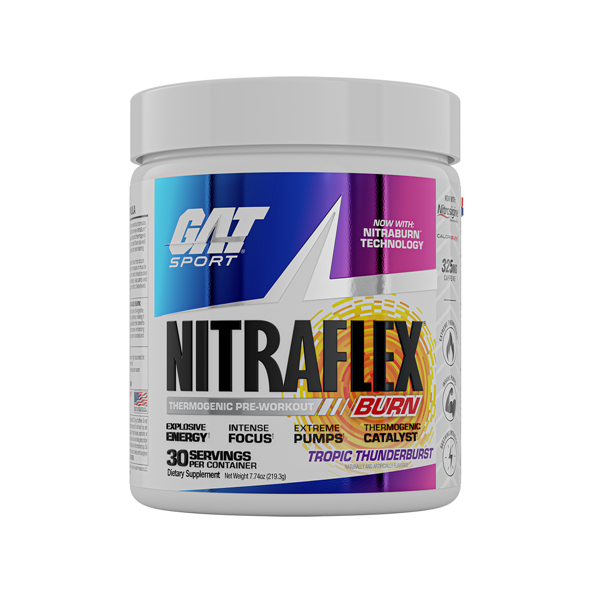 A white plastic tub of GAT SPORT NITRAFLEX pre-workout supplement with a colorful label featuring blue, purple, and pink gradients, on a solid white background.
