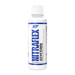 A white bottle of GAT Sport NitraFlex Glycerol dietary supplement, featuring a white label with blue and black text, set against a plain white background.