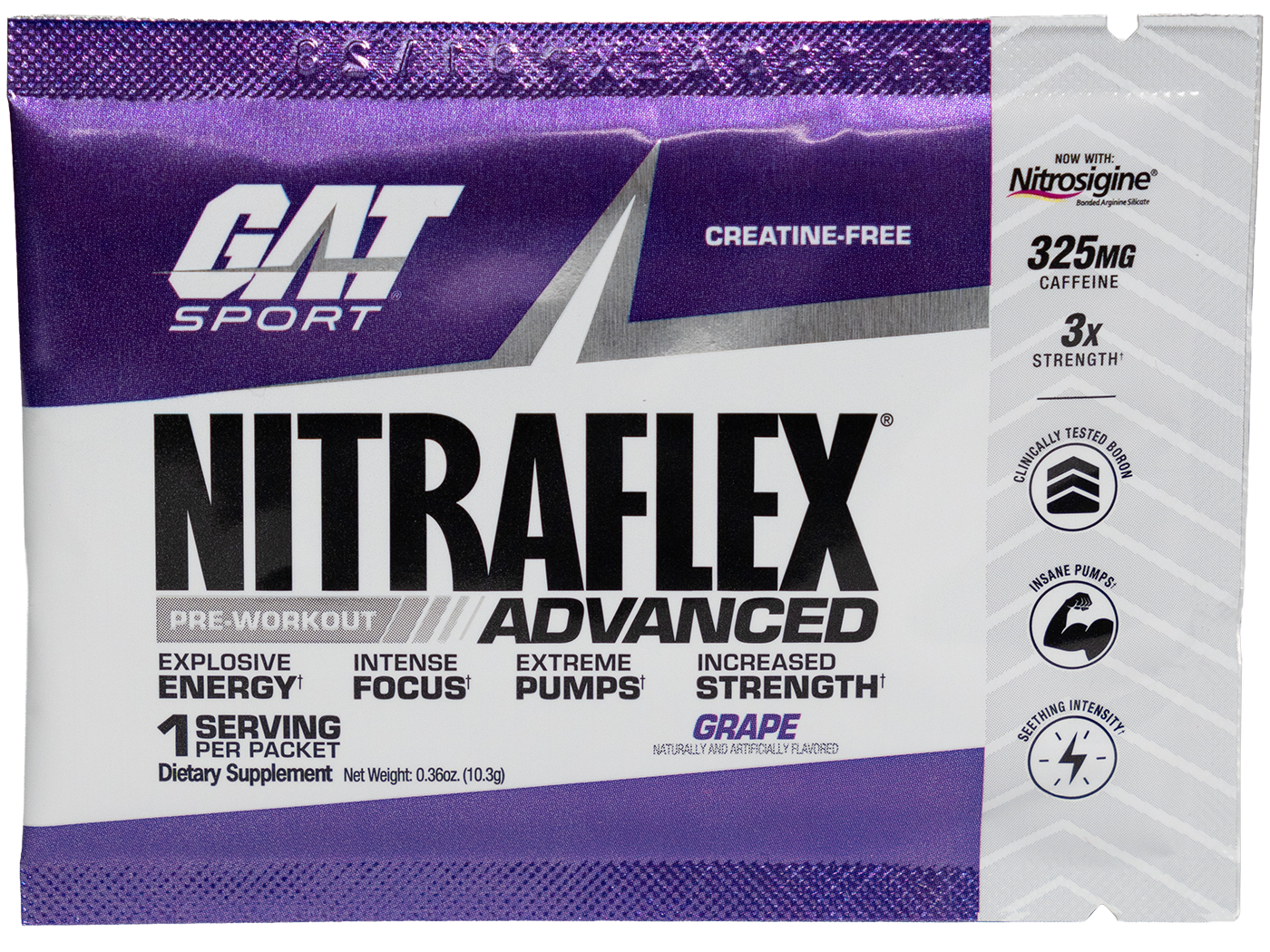 GAT Sport Nitraflex Advanced pre-workout supplement packet on a white background