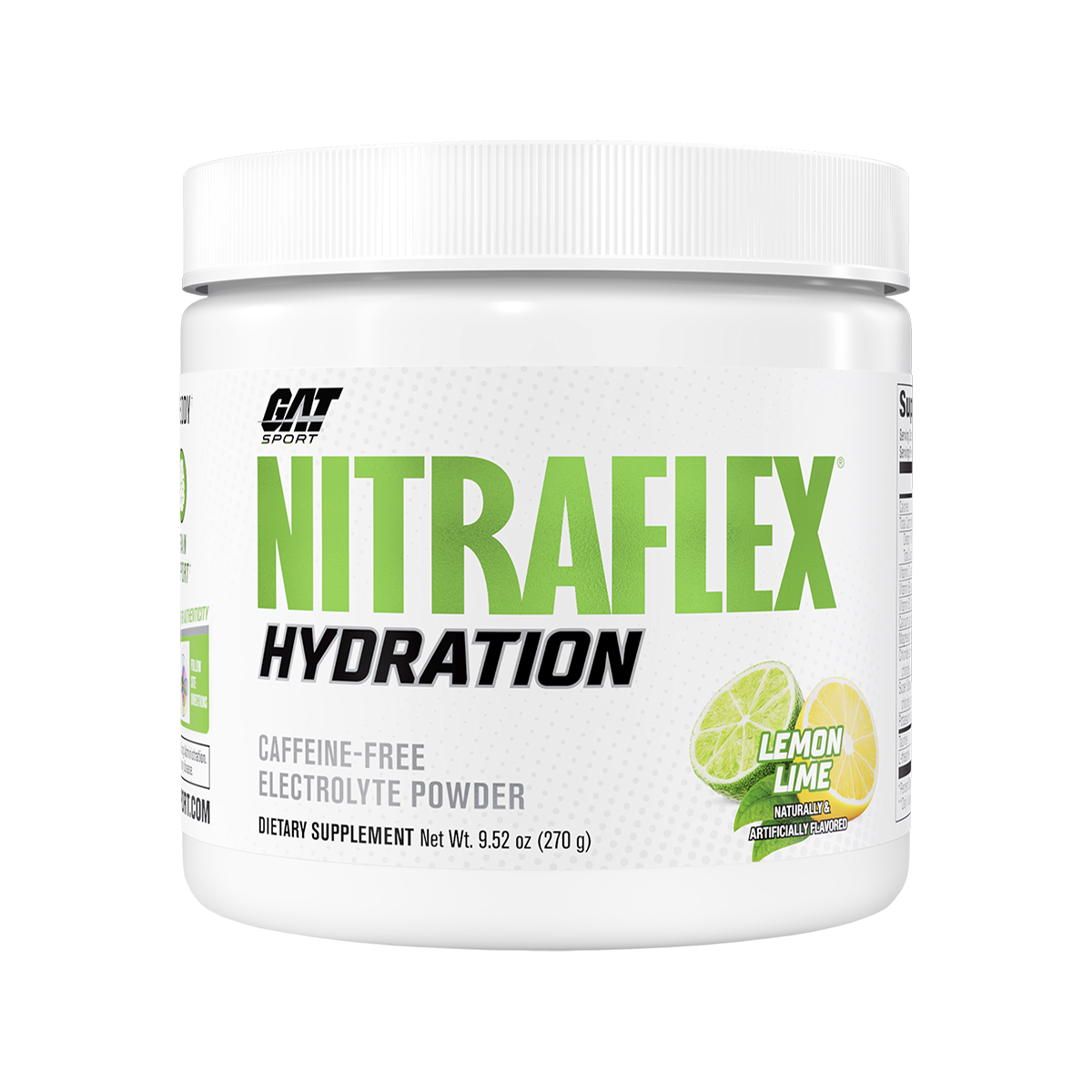 A white plastic tub of GAT Sports Nitraflex Hydration electrolyte powder in lemon lime flavor, shown on a clean white background.
