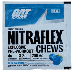 GAT Sport Nitraflex Chews packaging with blue raspberry flavor on a white background