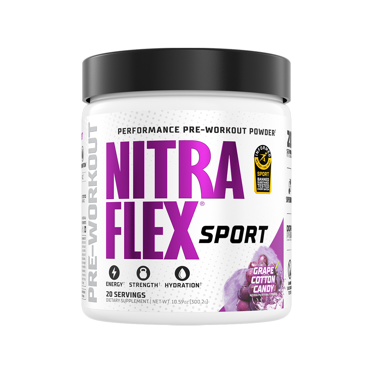 A white plastic tub of NitraFlex Sport pre-workout powder with a black lid, featuring a white label with bold purple and black text and a grape cotton candy flavor graphic.