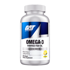 A white bottle of GAT SPORT Omega-3 Purified Fish Oil Essentials, 90 softgels, featuring a blue and white label with a lemon graphic, on a solid white background.