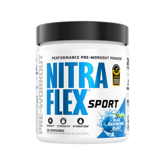 A white tub of NitraFlex Sport pre-workout powder with a black lid, featuring blue and black text and a blue raspberry flavor graphic on the front label.